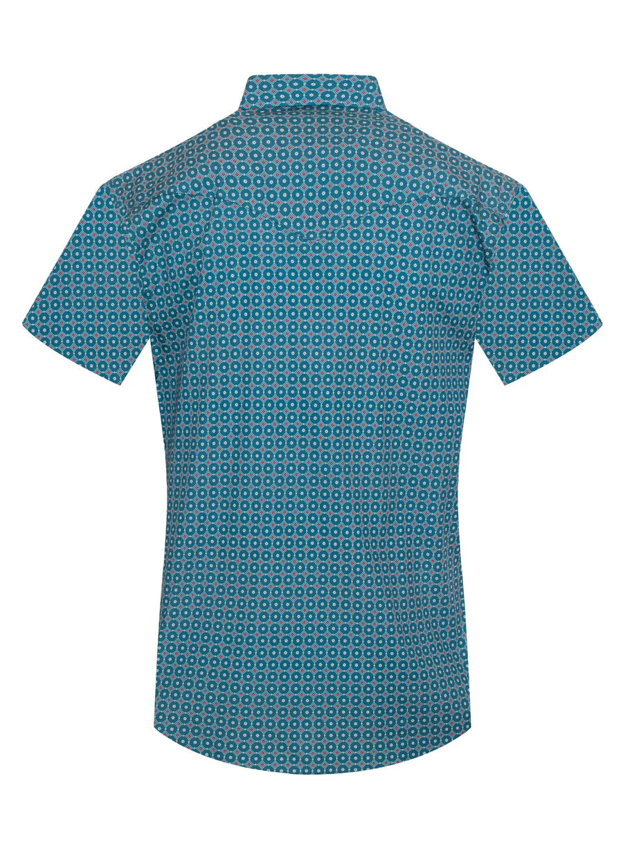 Rodeo Clothing Men's Short Sleeve Shirt - Pearl Snap Teal Print Shirt