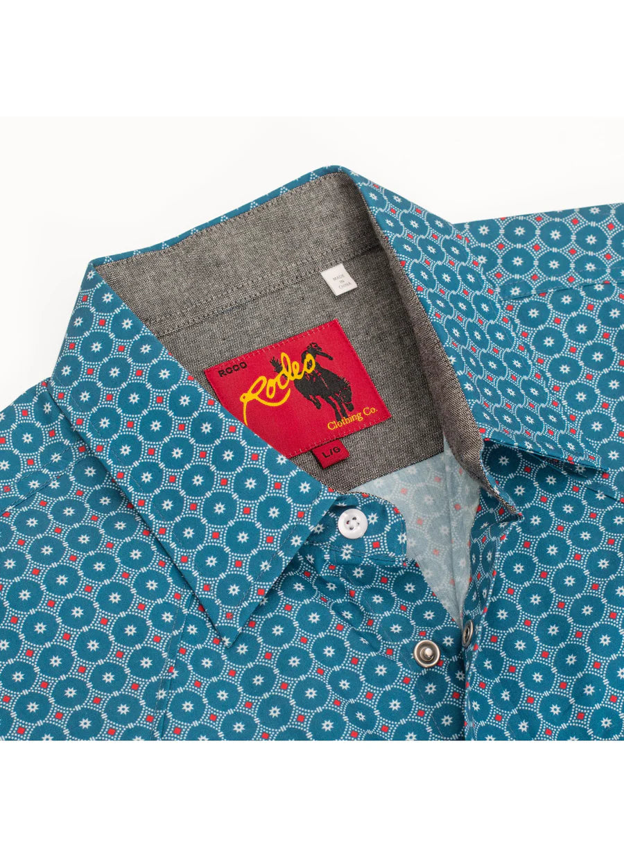 Rodeo Clothing Men's Short Sleeve Shirt - Pearl Snap Teal Print Shirt