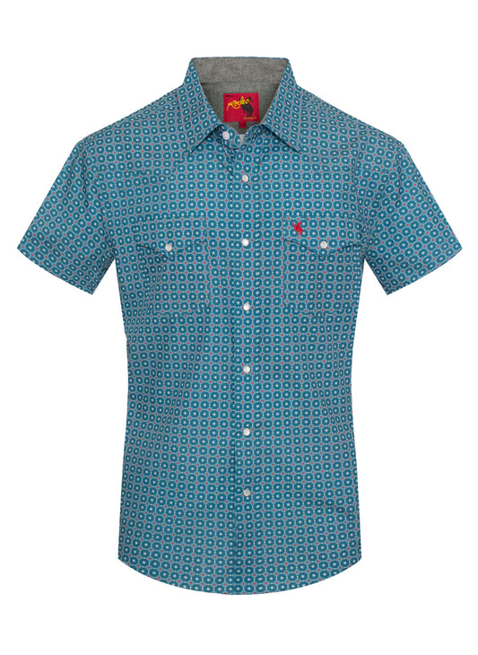 Rodeo Clothing Men's Short Sleeve Shirt - Pearl Snap Teal Print Shirt