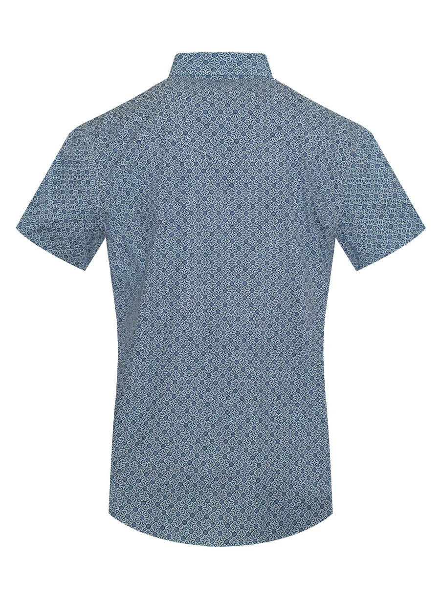 Rodeo Clothing Men's Short Sleeve Shirt - Pearl Snap Navy & White Print Shirt