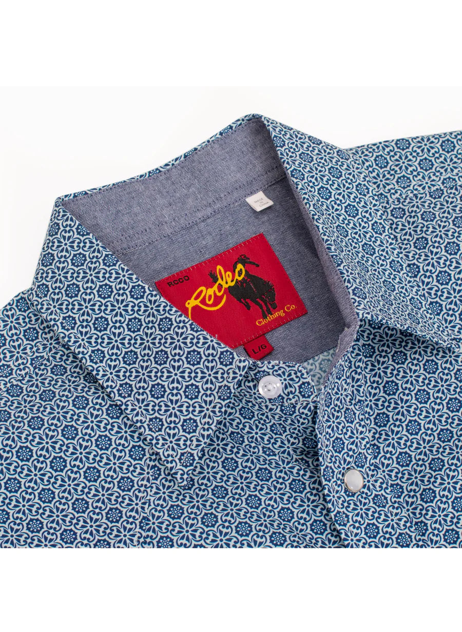 Rodeo Clothing Men's Short Sleeve Shirt - Pearl Snap Navy & White Print Shirt