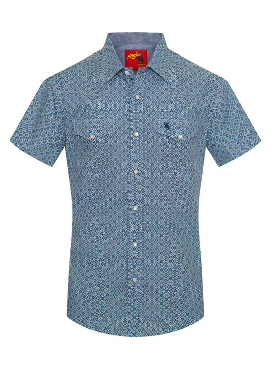 Rodeo Clothing Men's Short Sleeve Shirt - Pearl Snap Navy & White Print Shirt