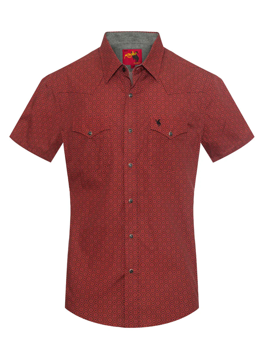 Rodeo Clothing Men's Short Sleeve Shirt - Pearl Snap Red & Black Print Shirt