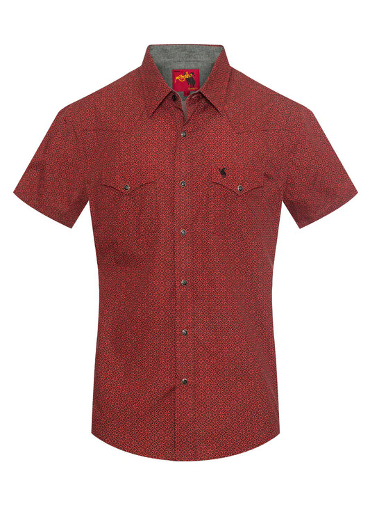 Rodeo Clothing Men's Short Sleeve Shirt - Pearl Snap Red & Black Print Shirt
