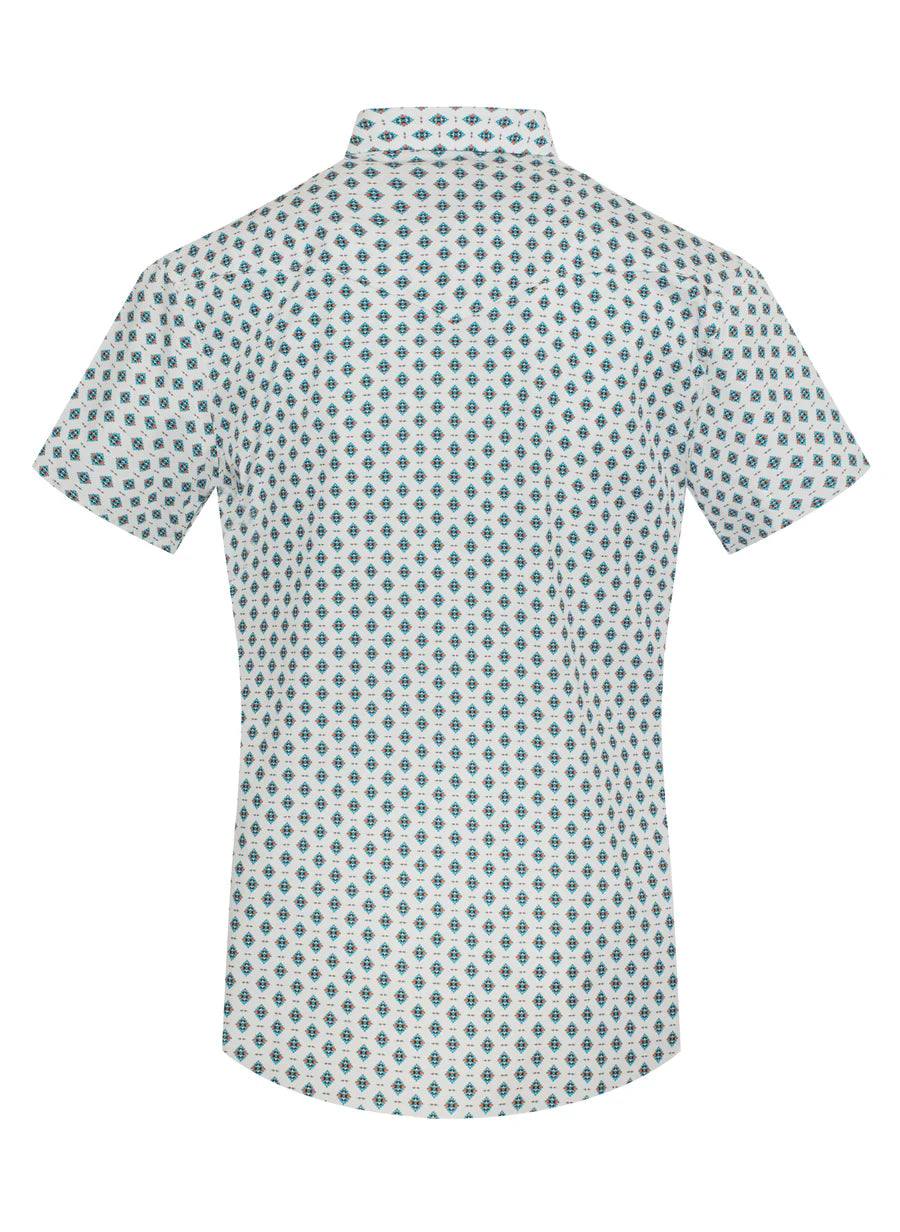 Rodeo Clothing Men's Short Sleeve Shirt - Pearl Snap White & Teal Print Shirt