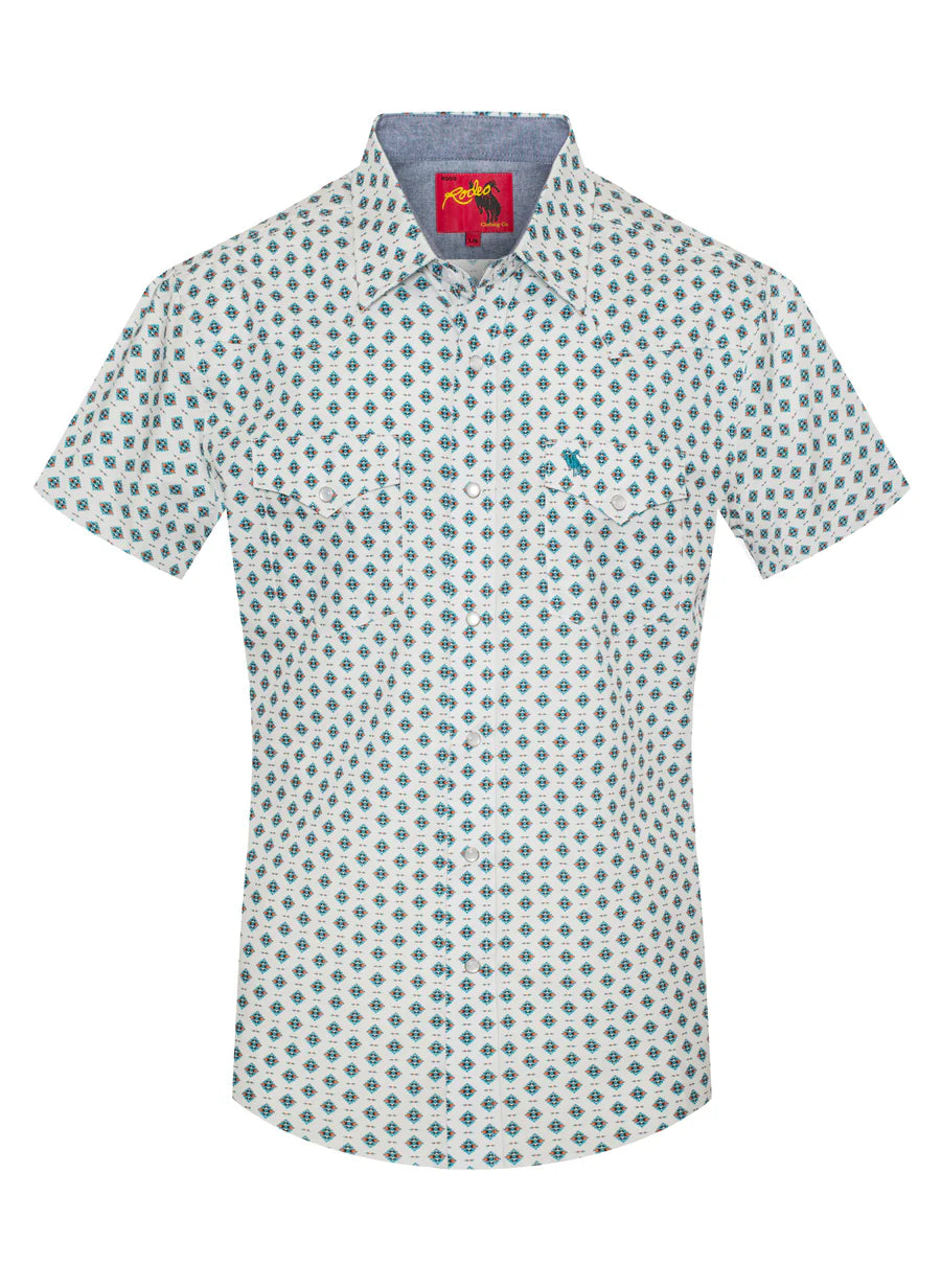 Rodeo Clothing Men's Short Sleeve Shirt - Pearl Snap White & Teal Print Shirt