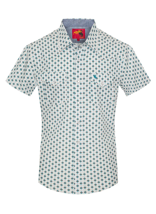 Rodeo Clothing Men's Short Sleeve Shirt - Pearl Snap White & Teal Print Shirt