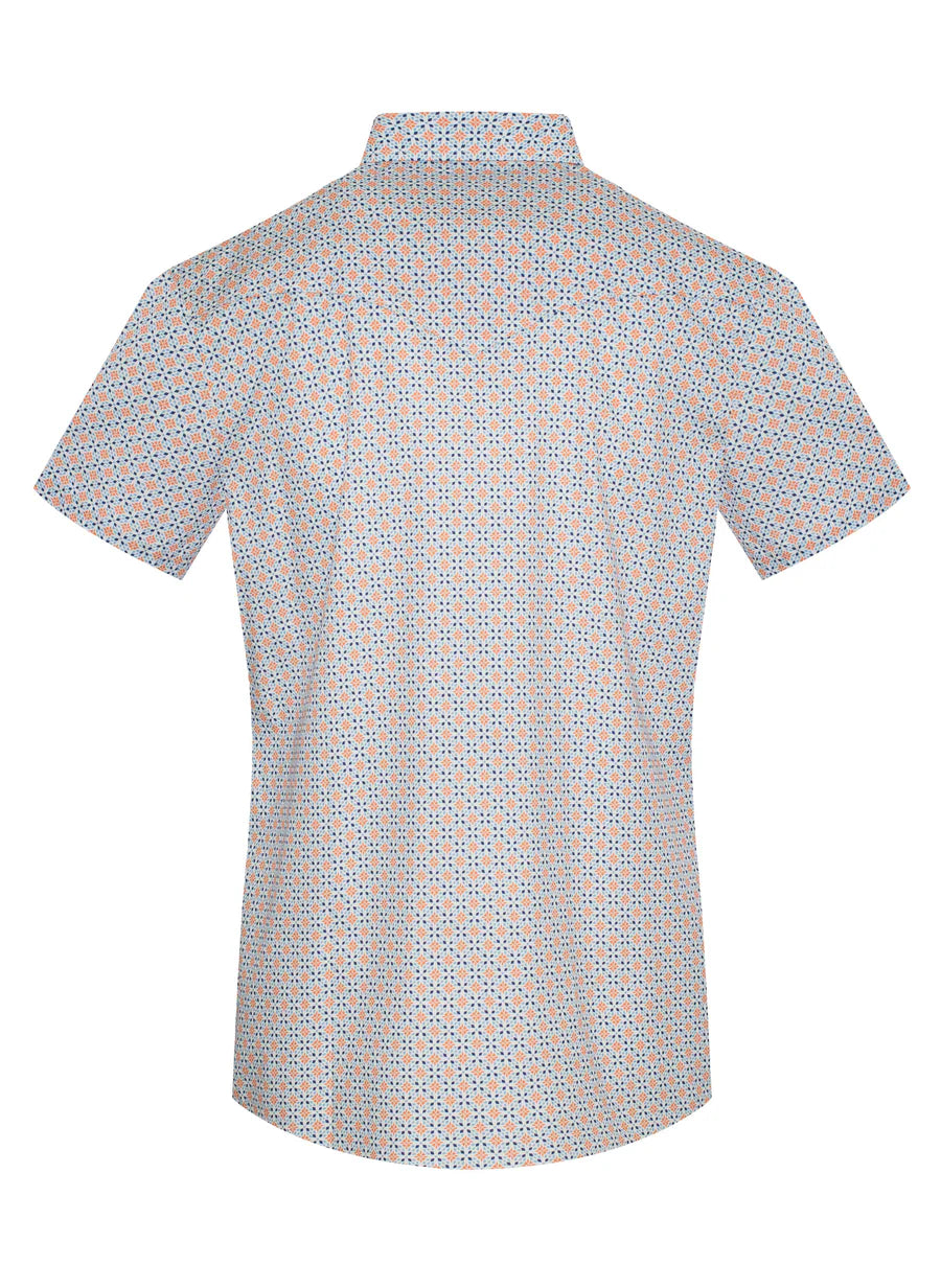 Rodeo Clothing Men's Short Sleeve Shirt - Pearl Snap White, Orange & Blue Print Shirt