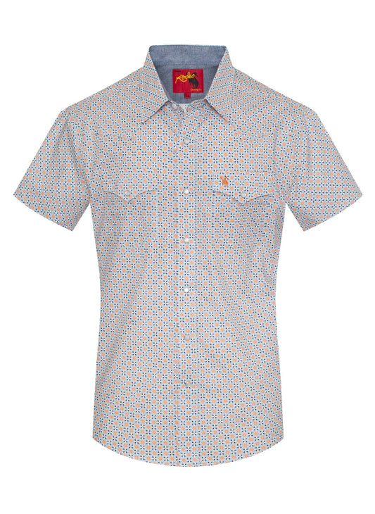 Rodeo Clothing Men's Short Sleeve Shirt - Pearl Snap White, Orange & Blue Print Shirt