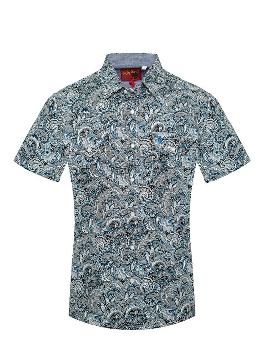 Rodeo Clothing Men's Short Sleeve Shirt - Blue & White Paisley