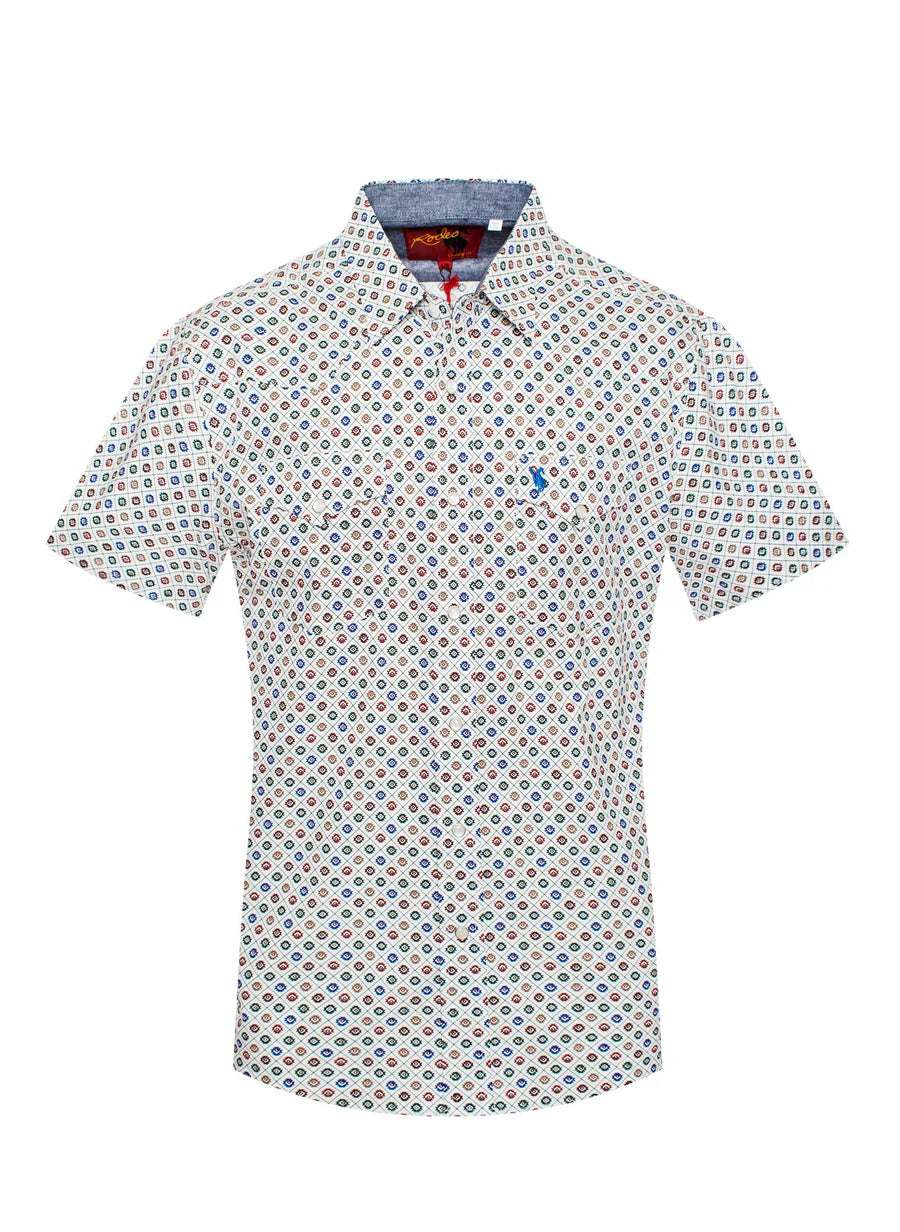 Rodeo Clothing Men's Short Sleeve Shirt - White, Red & Blue Print