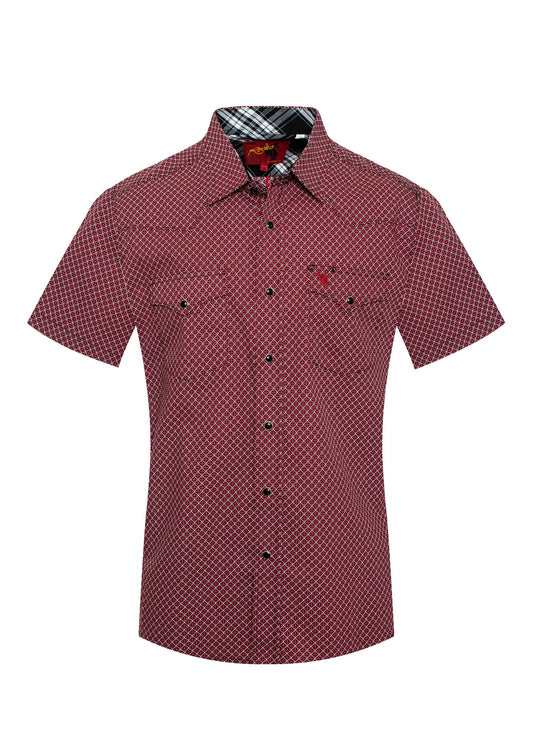 Rodeo Clothing Men's Short Sleeve Shirt - Flower in a Square Red, Black & White