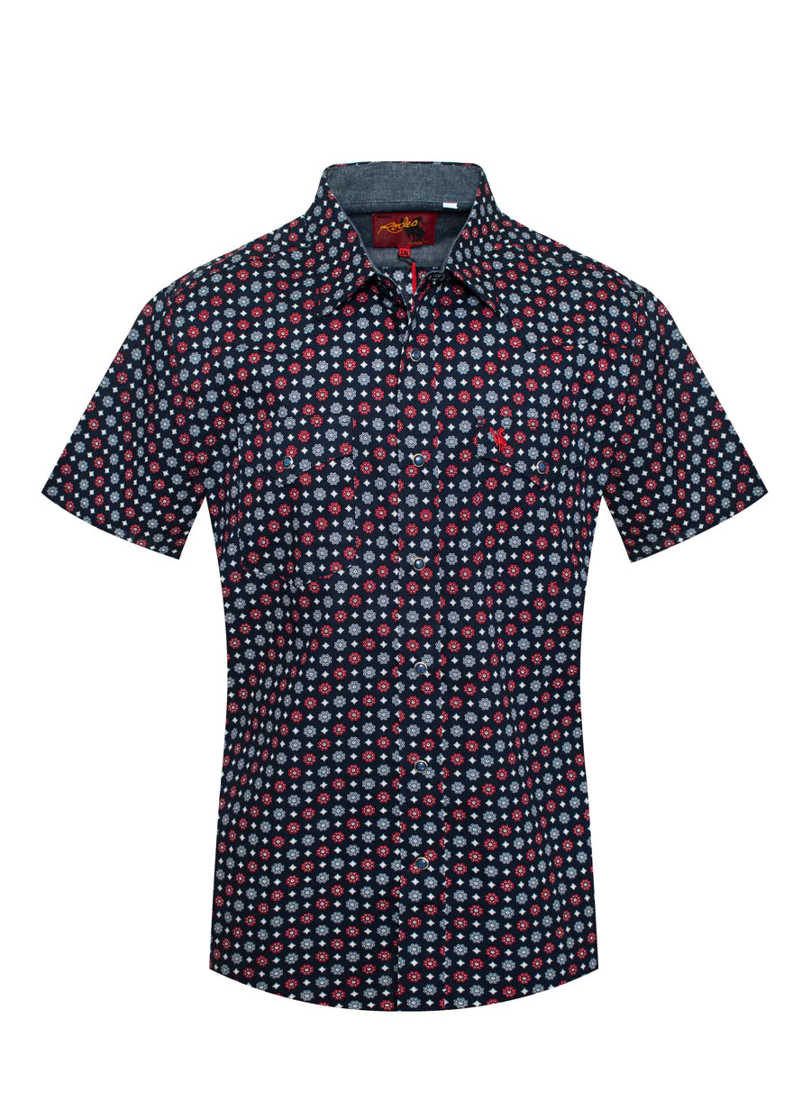 Rodeo Clothing Men's Short Sleeve Shirt - Medallion Print Navy, Red & Grey