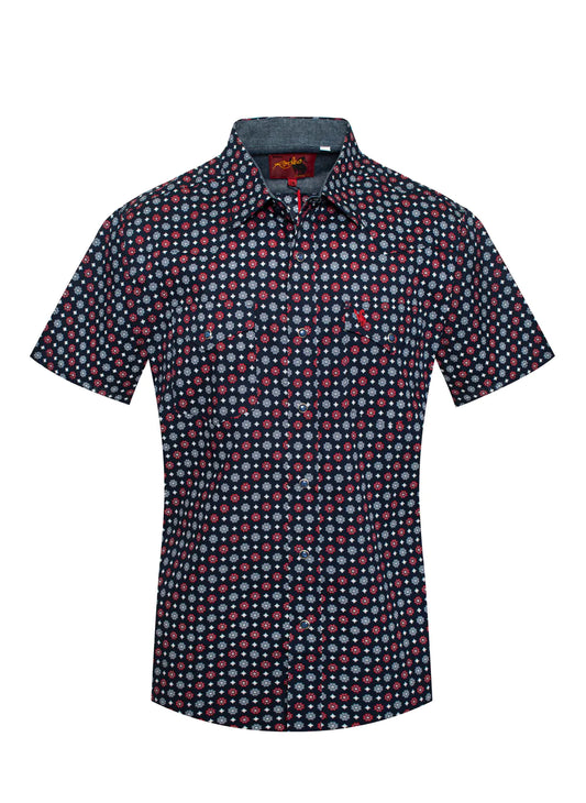 Rodeo Clothing Men's Short Sleeve Shirt - Medallion Print Navy, Red & Grey