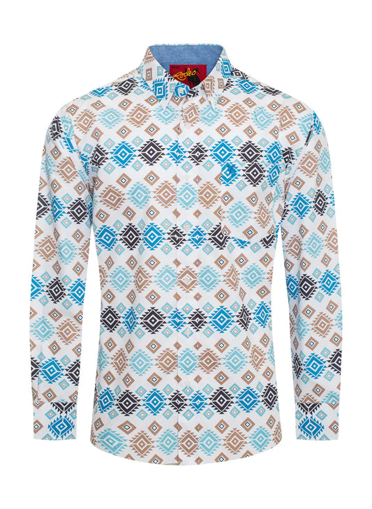 Rodeo Clothing Co. Men's Long Sleeve White Aztec Print Shirt