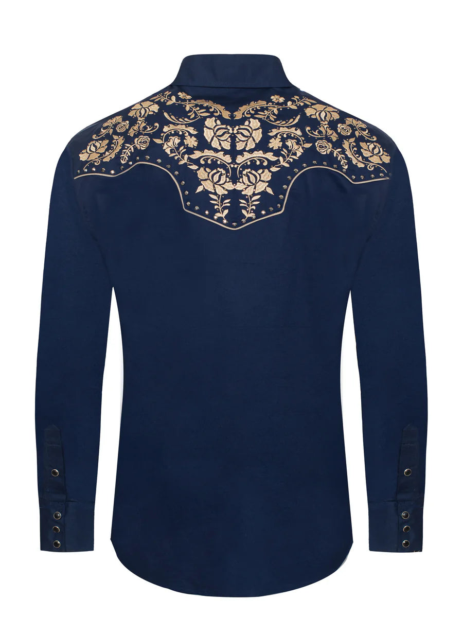 Rodeo Clothing Men's Long Sleeve Navy Shirt with Gold Embroidery and Diamonds on Yoke