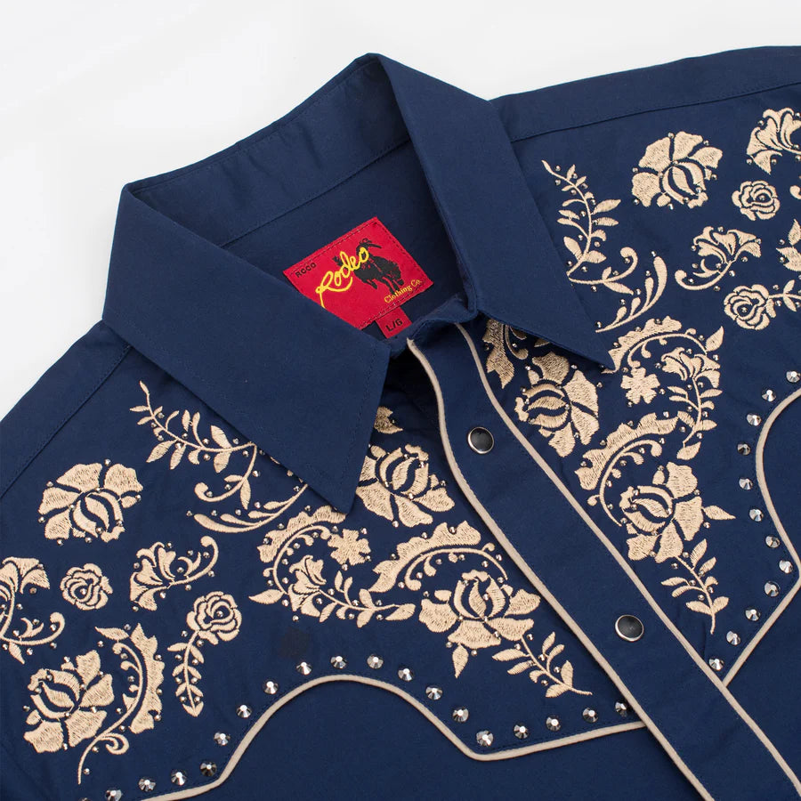 Rodeo Clothing Men's Long Sleeve Navy Shirt with Gold Embroidery and Diamonds on Yoke