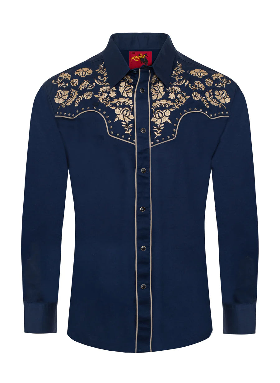 Rodeo Clothing Men's Long Sleeve Navy Shirt with Gold Embroidery and Diamonds on Yoke