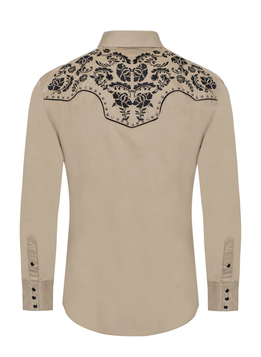 Rodeo Clothing Men's Long Sleeve Khaki Shirt with Black Embroidery and Diamonds on Yoke