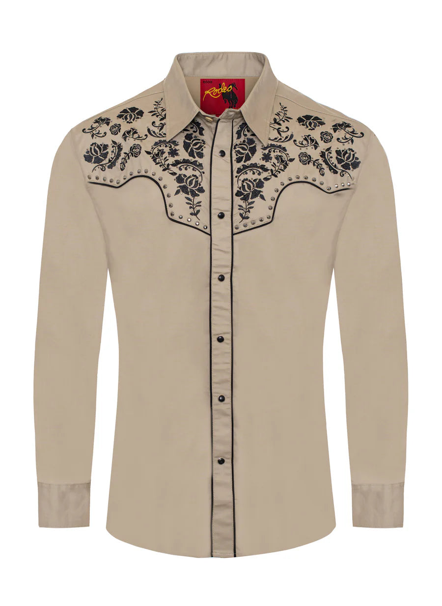 Rodeo Clothing Men's Long Sleeve Khaki Shirt with Black Embroidery and Diamonds on Yoke