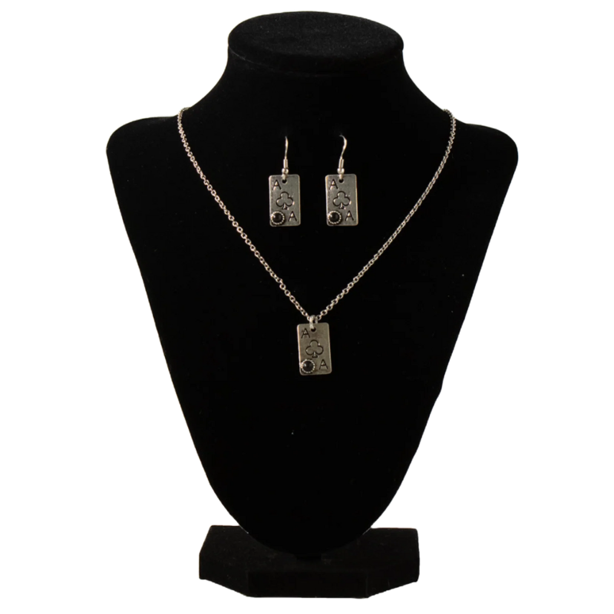 Silver Strike Ace Of Clubs Silver Necklace & Earring Jewelry Set