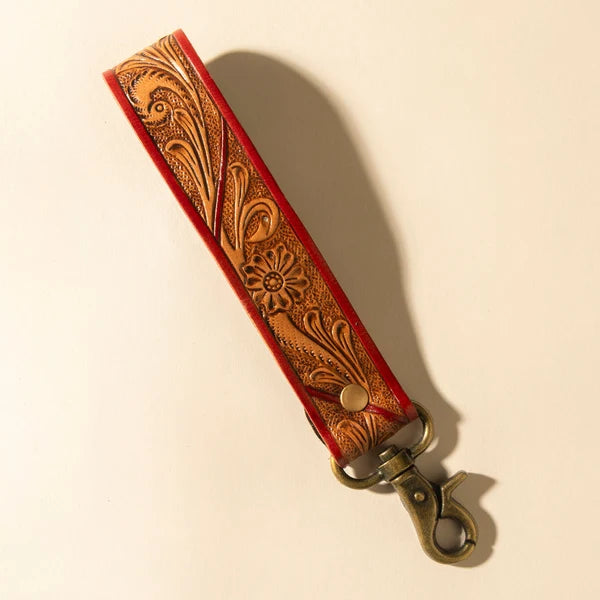 Myra Bags Canyon Pass Hand-Tooled Leather Key Fob in Terracotta Saddle