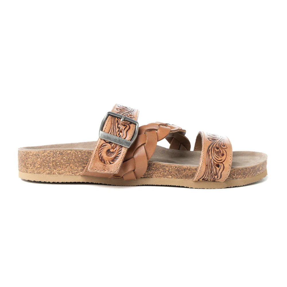 Myra Bags Dustbark Hand-Tooled Leather Sandals in Rustic Tan