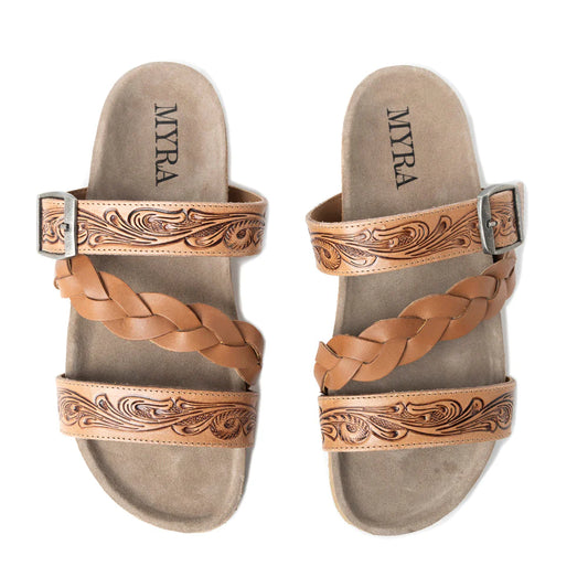 Myra Bags Dustbark Hand-Tooled Leather Sandals in Rustic Tan