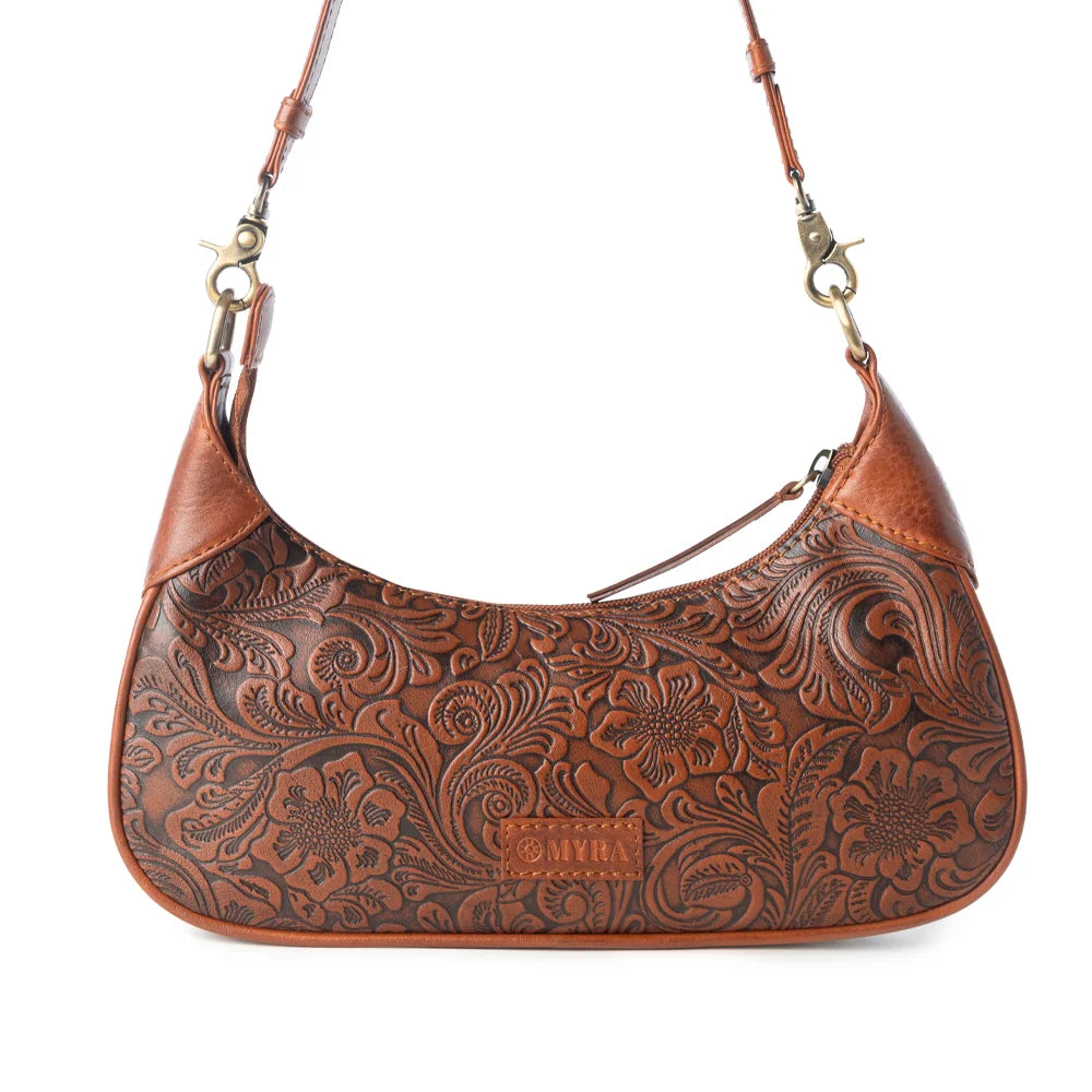 Myra Bag Heritage Vine Embossed Leather Bag for Women in Brown with Shoulder Strap