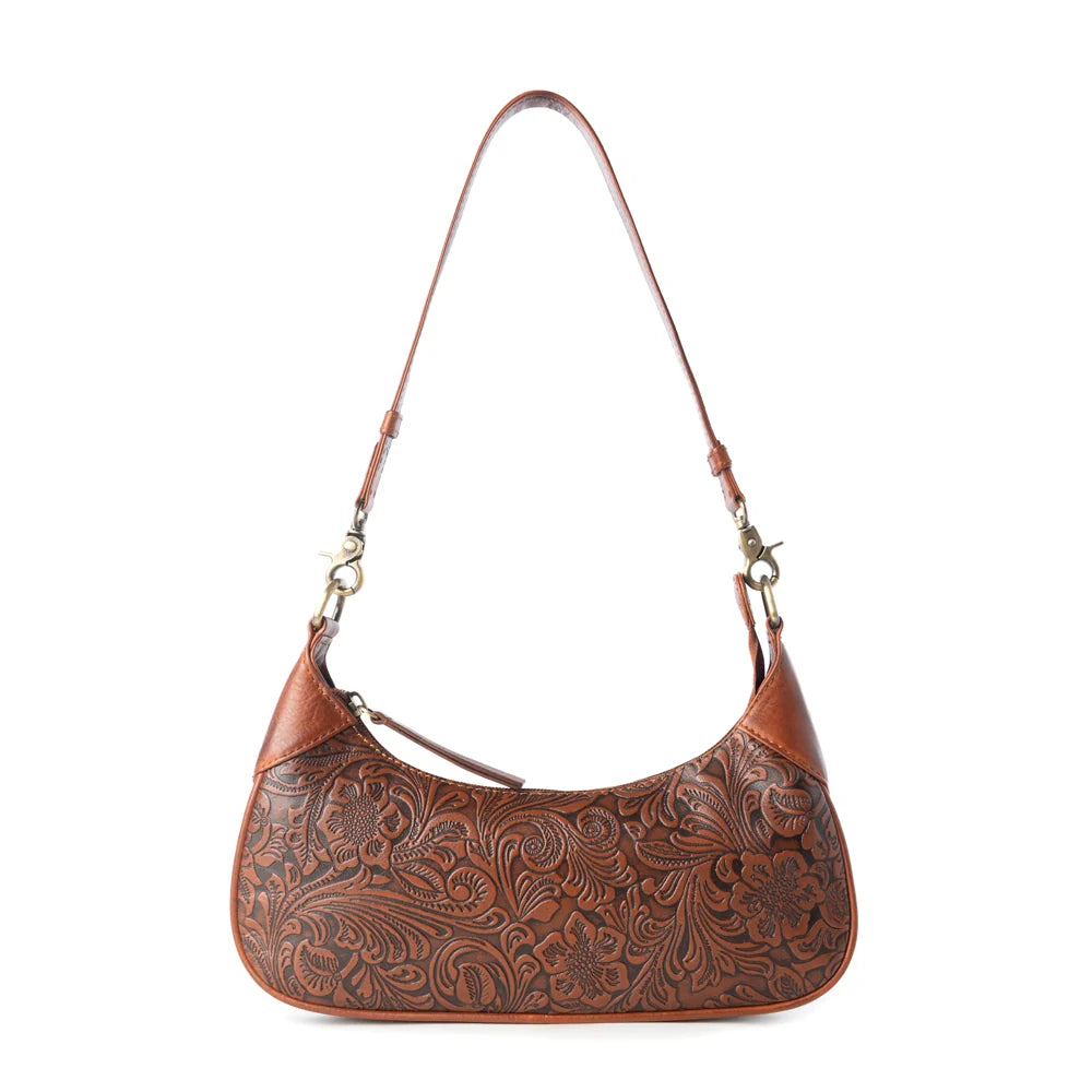 Myra Bag Heritage Vine Embossed Leather Bag for Women in Brown with Shoulder Strap