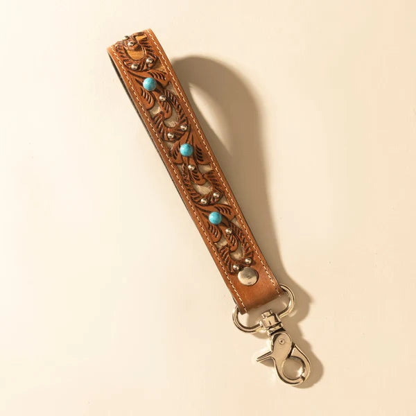 Myra Bags River Glen Hand-Tooled Hair-on Leather Key Fob in Honey Turquoise