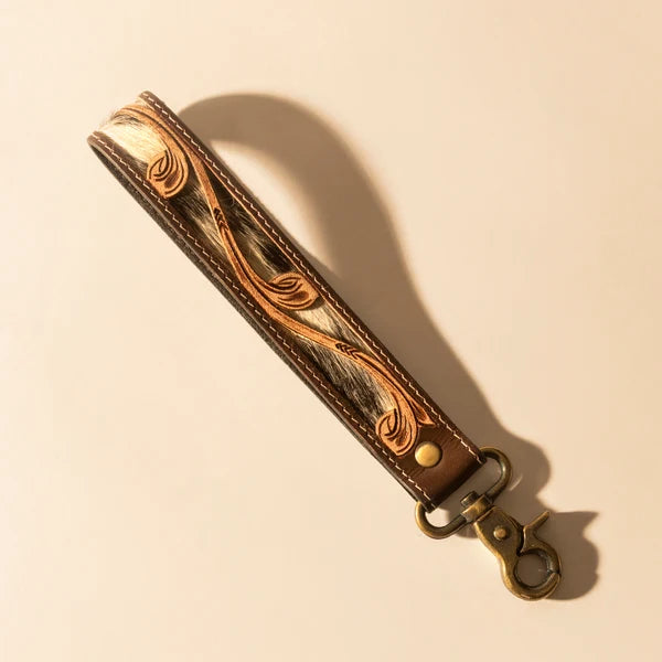 Myra Bags Wildvine Pony Western Hand-Tooled Key Fob in Brown with Hair-on Detail