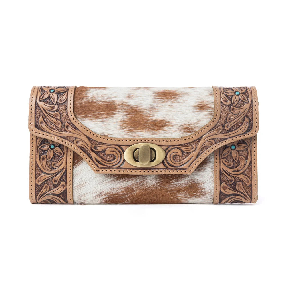 Myra Bag Fern Pass Hand-Tooled Hair-on Leather Women's Wallet in Warm Caramel
