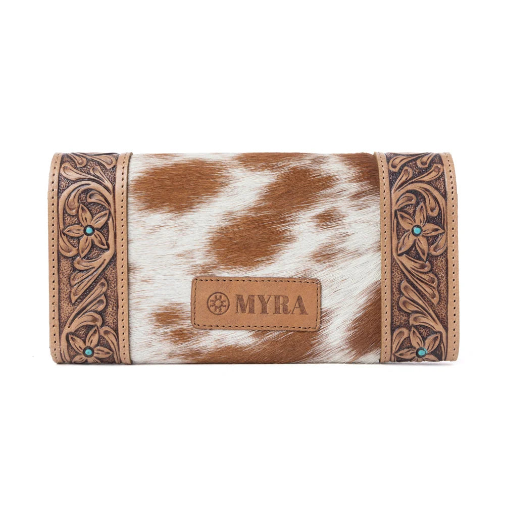 Myra Bag Fern Pass Hand-Tooled Hair-on Leather Women's Wallet in Warm Caramel