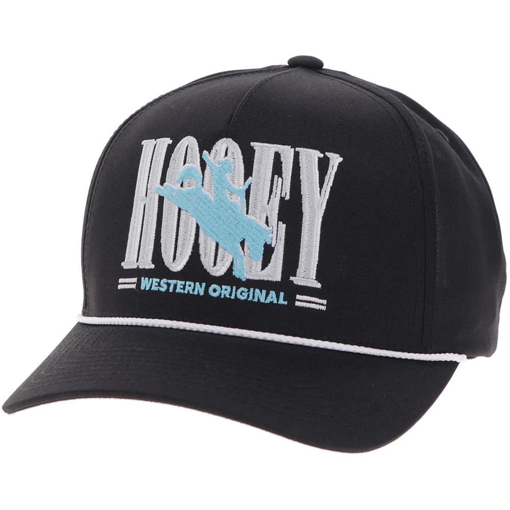 Hooey Ball Cap "Wild Ride" Hat Black with Hooey Embroidered Logo in Blue and White