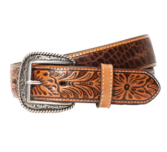 Ariat Brown Crocodile Floral Tabs Belt, 1 1/2"