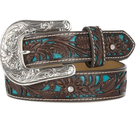 Ariat Children's Brown & Turquoise with Floral Overlay Western Belt