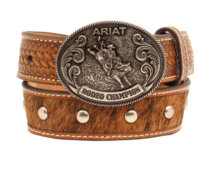 Ariat Kid's Calf Hair Brown Belt with Studs and Rodeo Champion Buckle