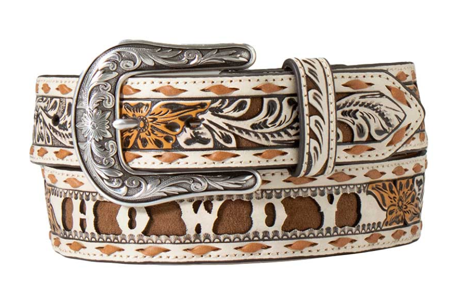 Angel Ranch Women's Floral Howdy Filigree Leather Belt - Ivory