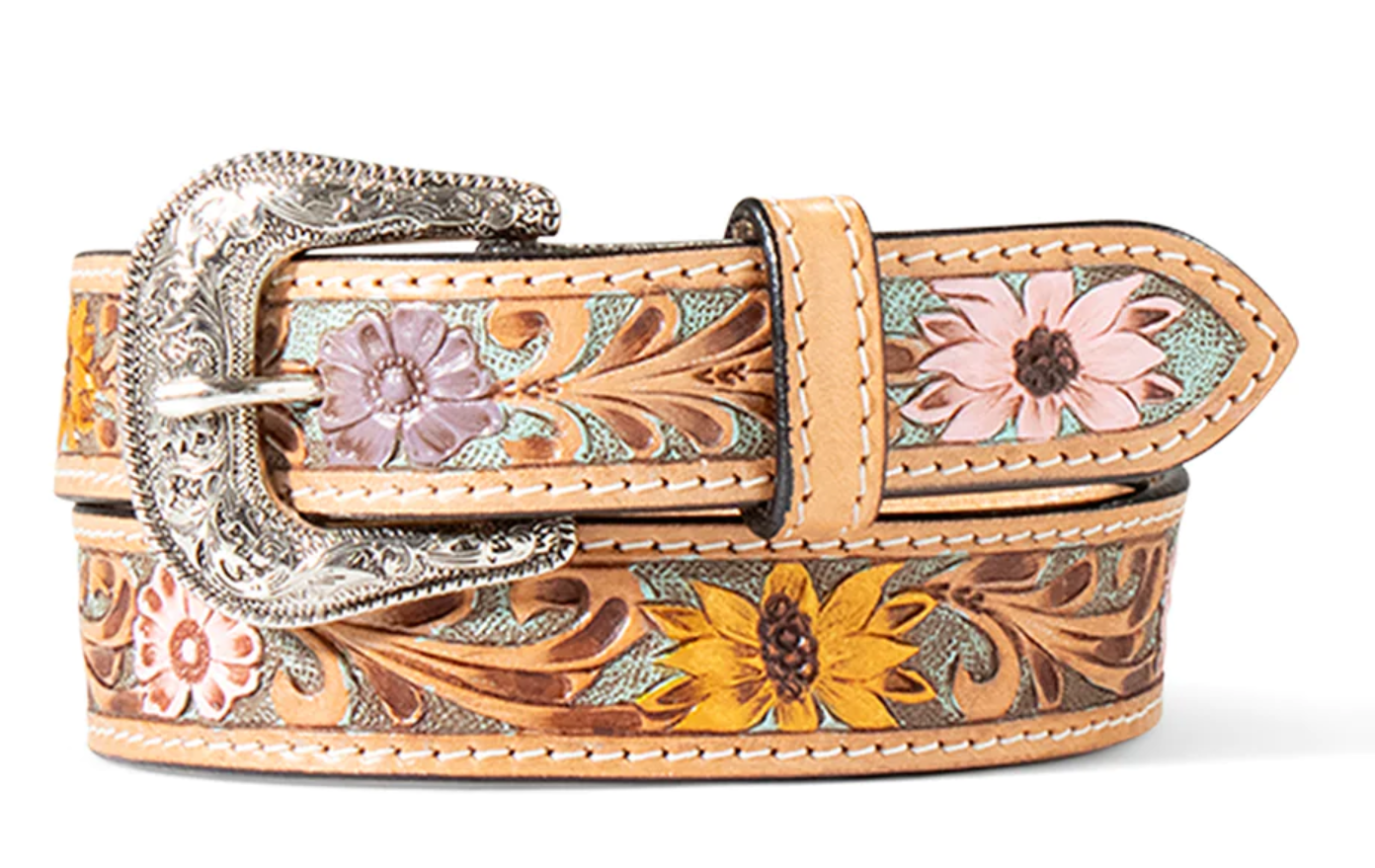 Ariat 1-1/4" Floral Tooled & Painted Western "Skinny" Belt