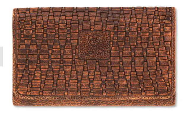 Ariat Basketweave Leather Tri-Fold Coffee Wallet