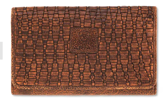 Ariat Basketweave Leather Tri-Fold Coffee Wallet