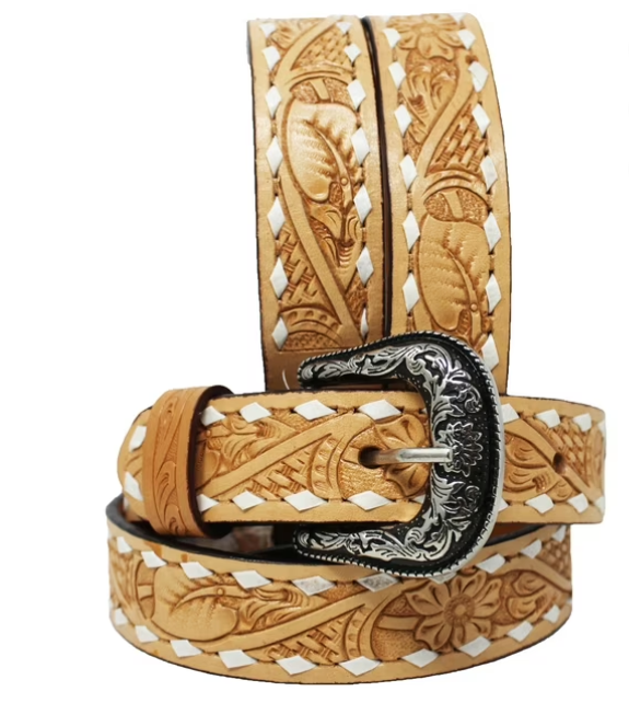 Challenger Kid's  1 1/4" Wide Tan Rodeo Floral Tooled Leather Belt