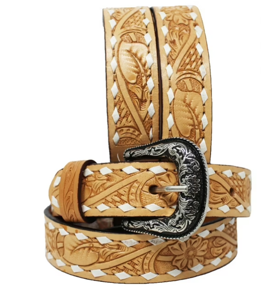 Challenger Kid's  1 1/4" Wide Tan Rodeo Floral Tooled Leather Belt
