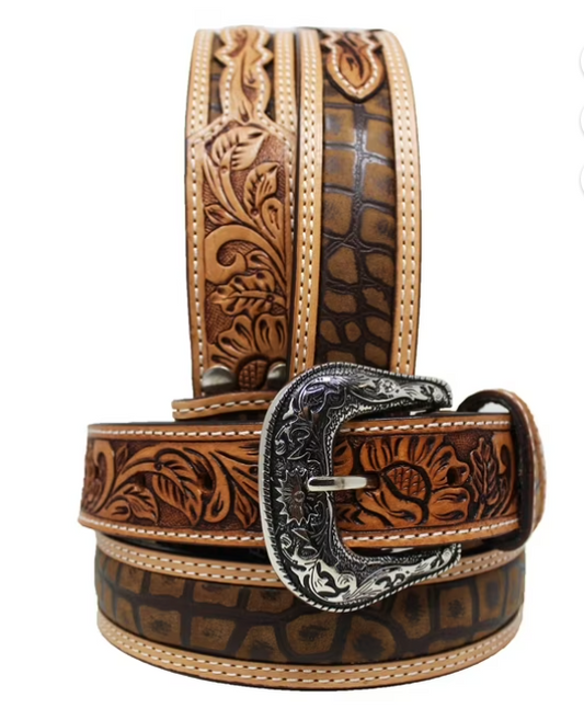 Challenger  Western 1-1/2" Tan Floral Tooled Brown Gator Inlay Full-Grain Leather Belt