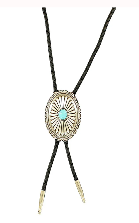 Double S Western Oval Flower Concho with Turquoise Slide Silver Bolo Tie