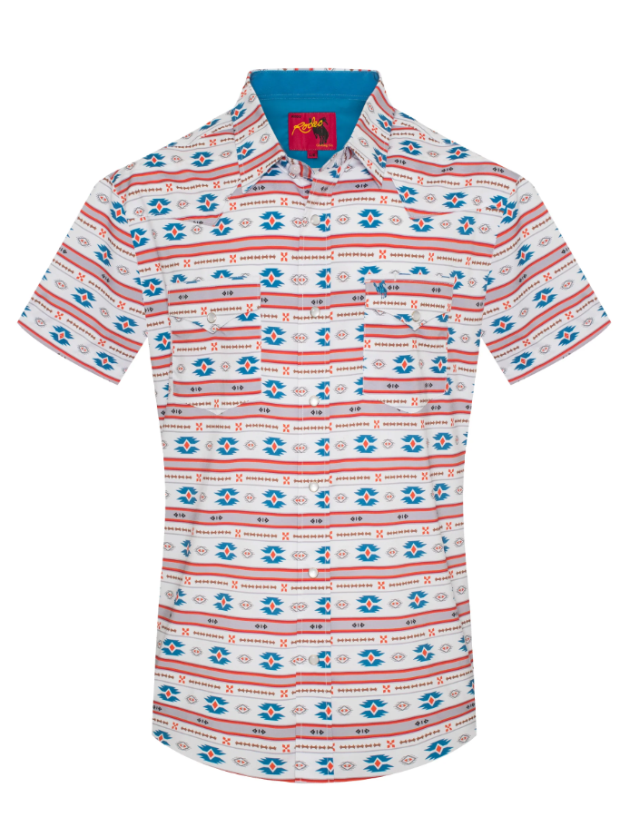 Rodeo Clothing Men's Short Sleeve Shirt - Western Pearl Snap Aztec Print