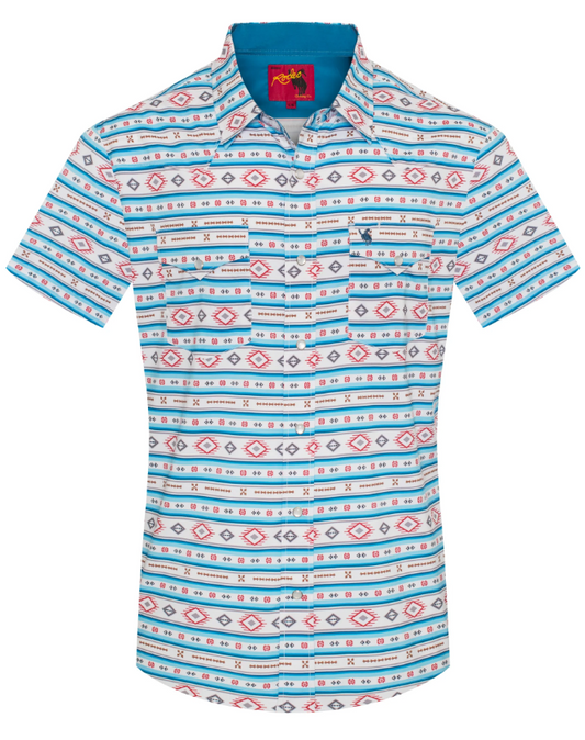Rodeo Clothing Men's Short Sleeve Shirt - Western Pearl Snap Aztec Print