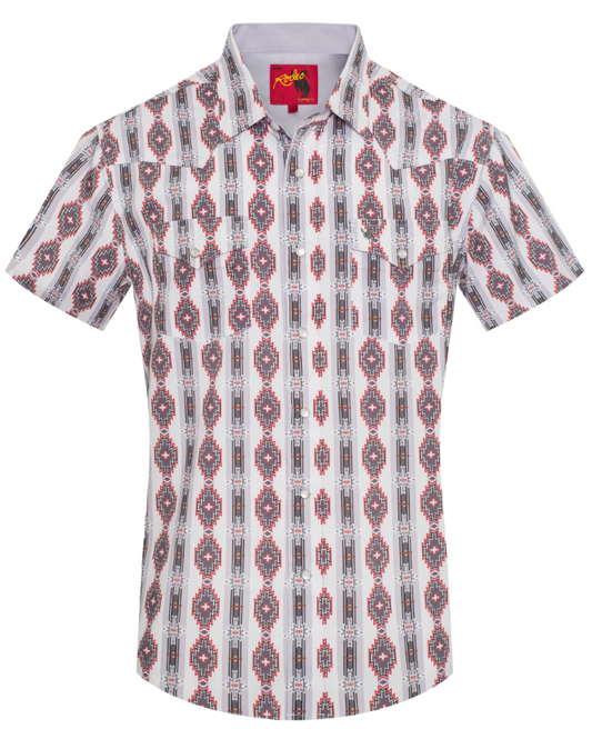 Rodeo Clothing Men's Short Sleeve Shirt - Western Pearl Snap Aztec Print