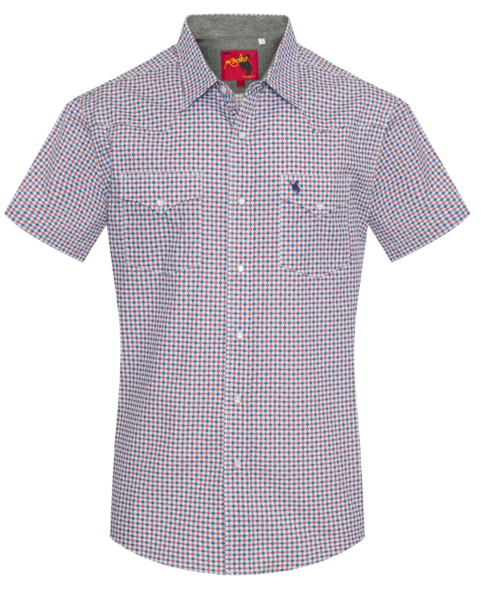 Rodeo Clothing Men's Short Sleeve Pearl Snap Red, White & Blue Print Shirt
